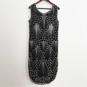 SCALA Beaded Art Deco Dress, Sleeveless, Silver Beads on Black Silk, Medium